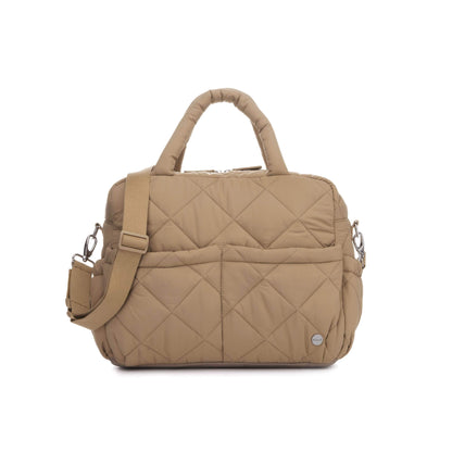 Soft quilted Babymel Willow Convertible Changing Bag in oatmeal, featuring a multiway strap, stroller attachments, and pockets.