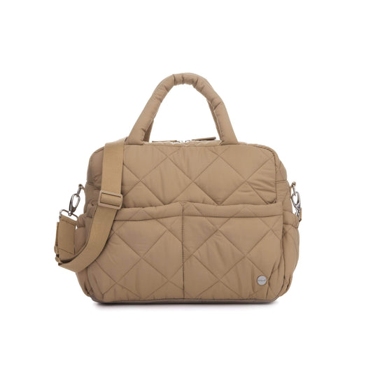 Soft quilted Babymel Willow Convertible Changing Bag in oatmeal, featuring a multiway strap, stroller attachments, and pockets.