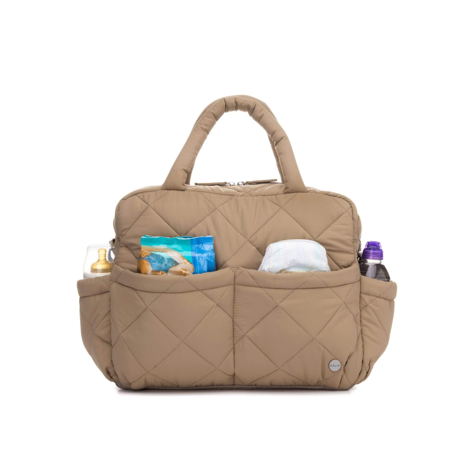 Soft quilted Babymel Willow Convertible Changing Bag in oatmeal, shown packed with nappies, wipes, bottles, and baby essentials.