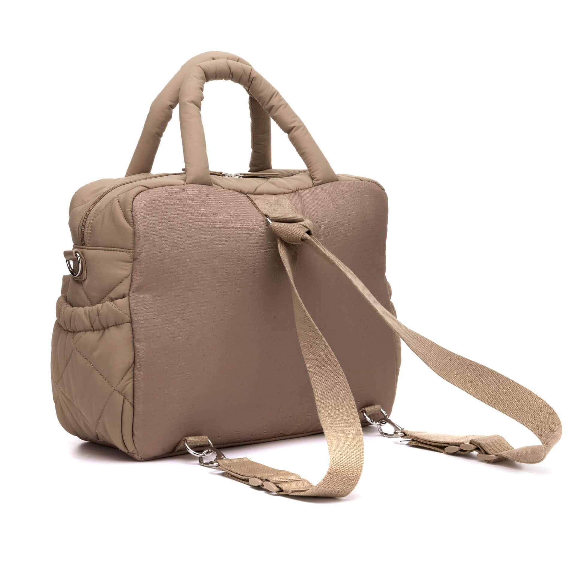 Soft quilted Babymel Willow Convertible Changing Bag in oatmeal, shown from the back with adjustable straps for backpack conversion.