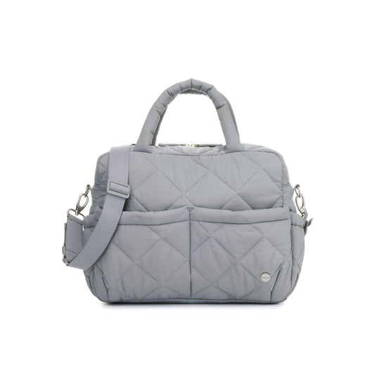 Soft quilted Babymel Willow Convertible Changing Bag in duck egg grey, featuring a multiway strap, stroller attachments, and pockets.