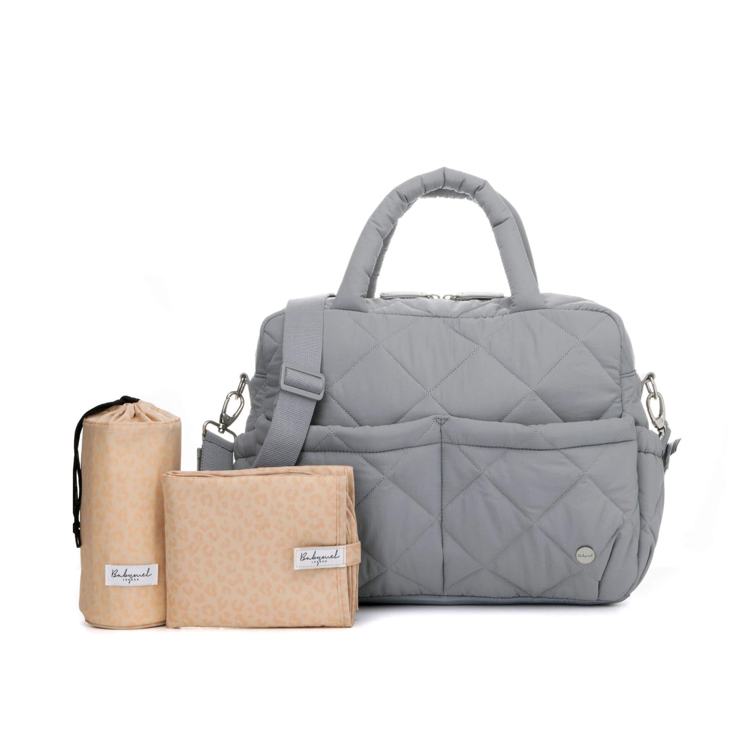 Soft quilted Babymel Willow Convertible Changing Bag in duck egg grey, shown with matching padded changing mat and insulated bottle holder.