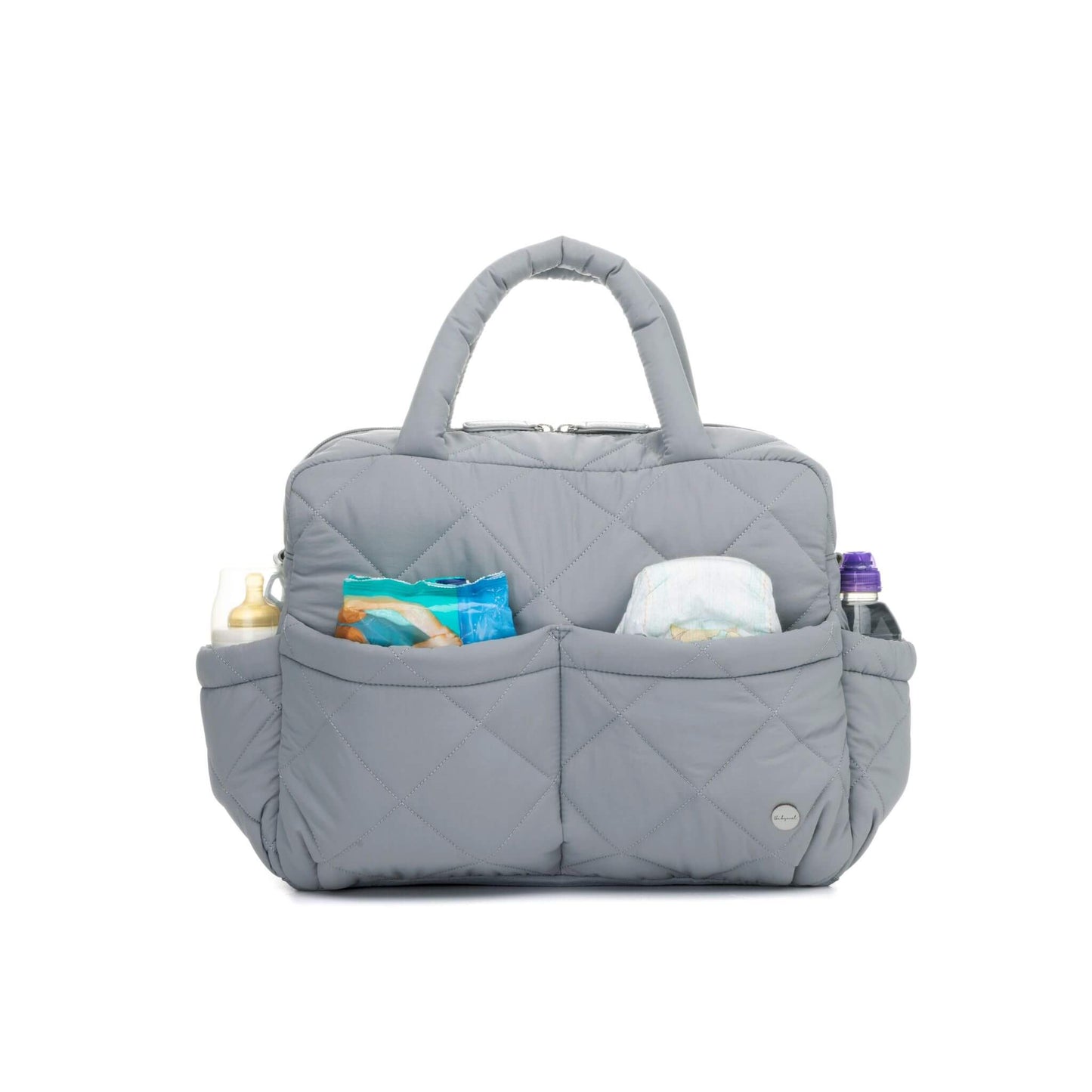 Soft quilted Babymel Willow Convertible Changing Bag in duck egg grey, shown packed with nappies, wipes, bottles, and baby essentials.