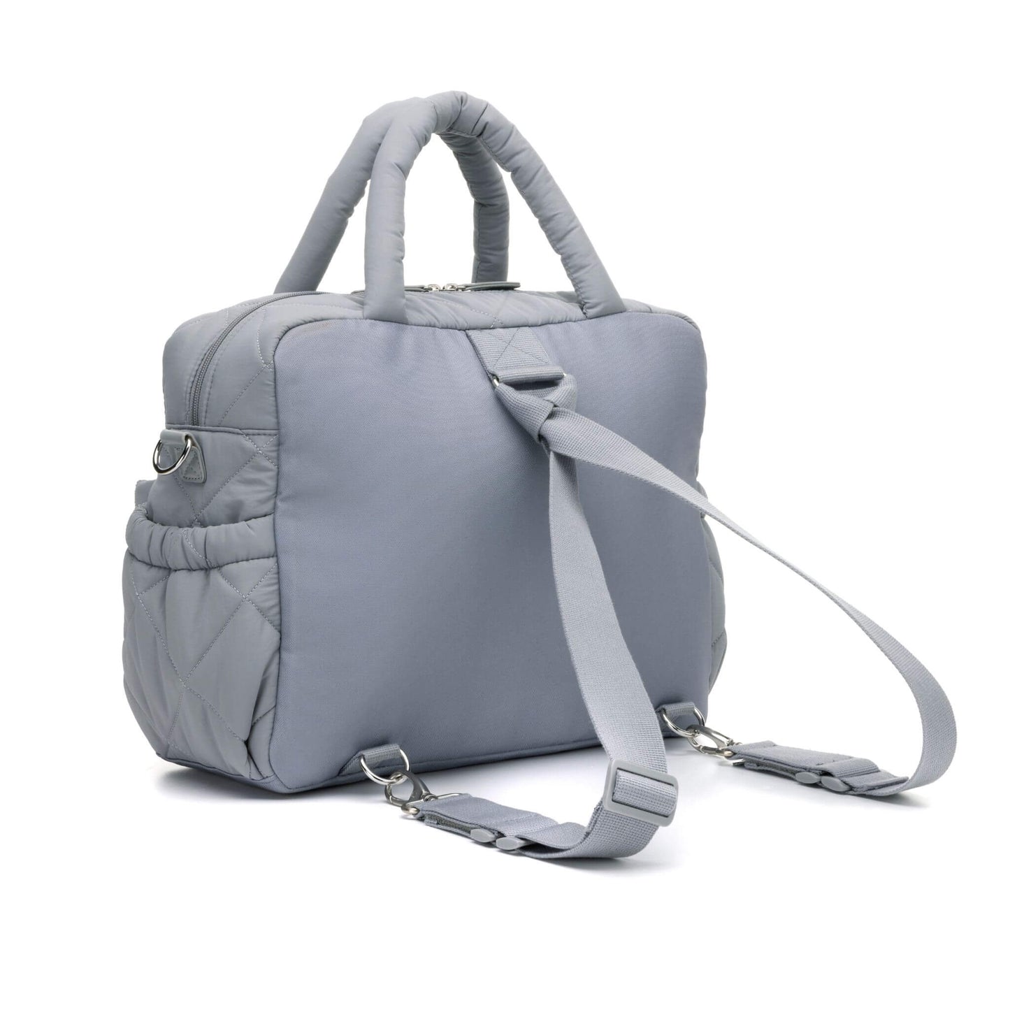 Soft quilted Babymel Willow Convertible Changing Bag in duck egg grey, shown from the back with adjustable straps for backpack conversion.