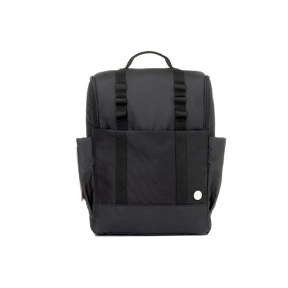 Babymel Finn Changing Backpack in Black, featuring a sleek design with padded shoulder straps, stroller attachments, side pockets, and a wide zipped opening for easy access.