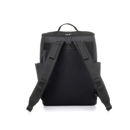 Rear view of the Babymel Finn Changing Backpack in Black, showcasing adjustable padded shoulder straps, a grab handle, and a durable back panel for added comfort and support.