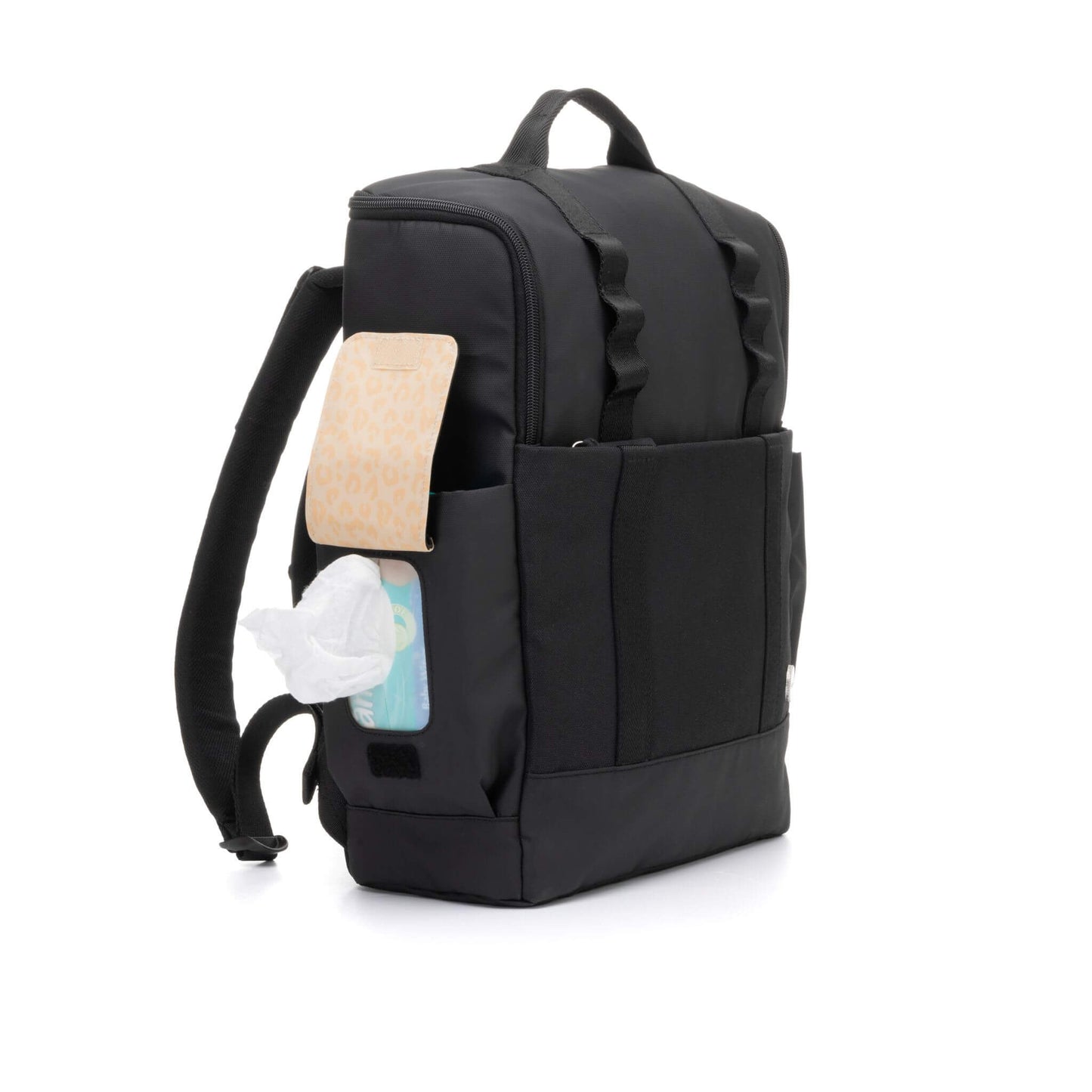 Side view of the Babymel Finn Changing Backpack in Black, featuring an easy-wipes pocket, adjustable padded straps, and a leopard-print changing mat for added practicality and style.