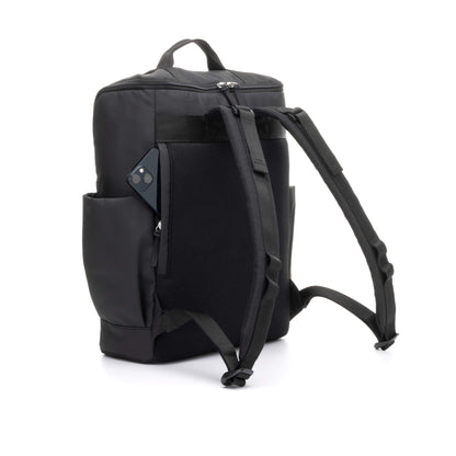 Back angle view of the Babymel Finn Changing Backpack in Black, showing adjustable padded straps and a discreet back pocket with a smartphone for secure storage.