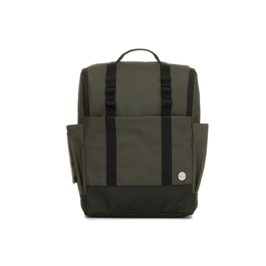 Babymel Finn Changing Backpack in Olive. Stylish and functional design with side pockets, grab handle, and durable materials for parenting needs.