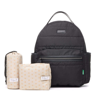 Babymel Lola Eco Backpack in Black with included accessories: insulated bottle holder and changing mat. Stylish and parent-friendly.