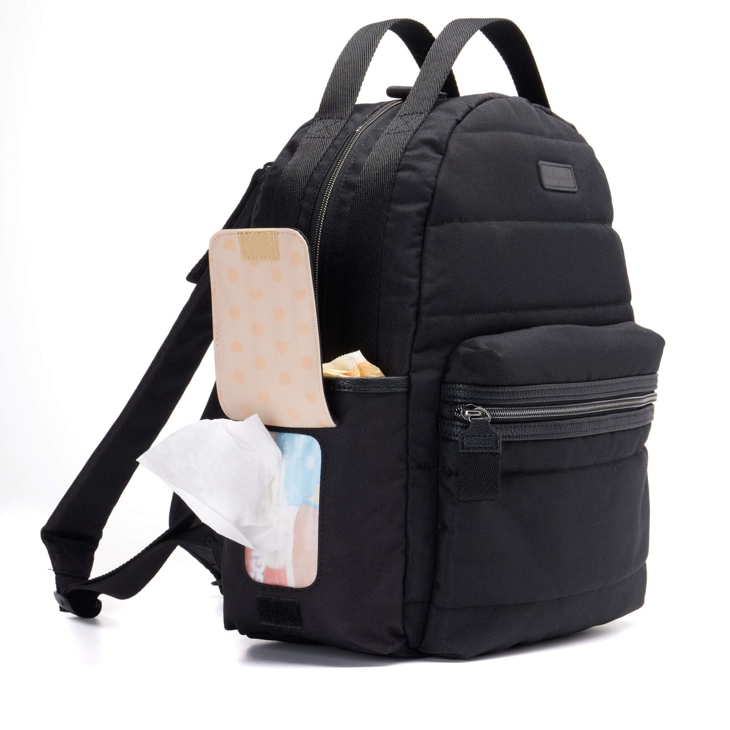 Side view of the Babymel Lola Eco Backpack in Black, showcasing the easy-wipes pocket for quick access to baby essentials.