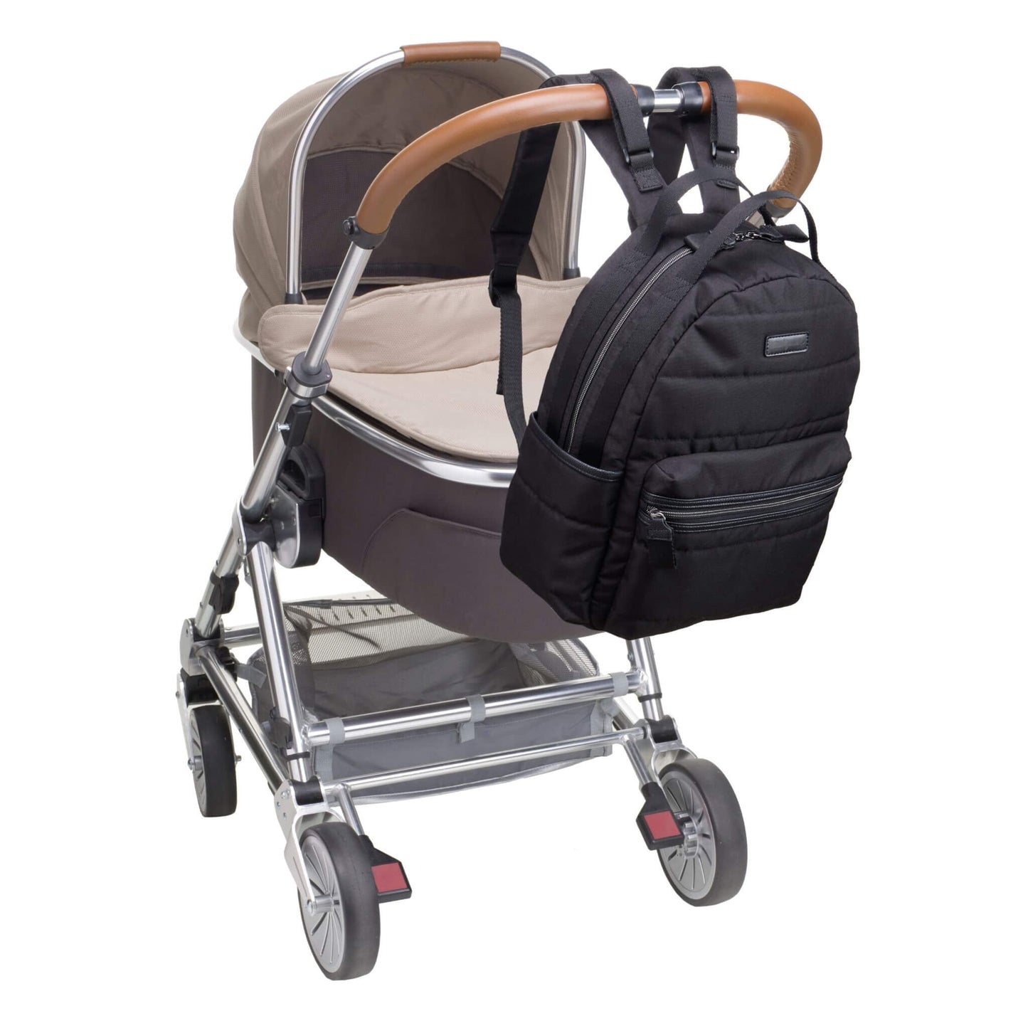 Babymel Lola Eco Backpack in Black attached to a stroller, highlighting its convenient stroller straps for hands-free use.