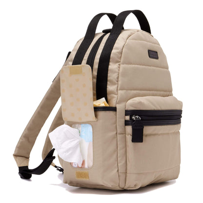 Side view of the Babymel Lola Eco Backpack in Fawn, highlighting the easy-wipes pocket for quick and convenient access to essentials.