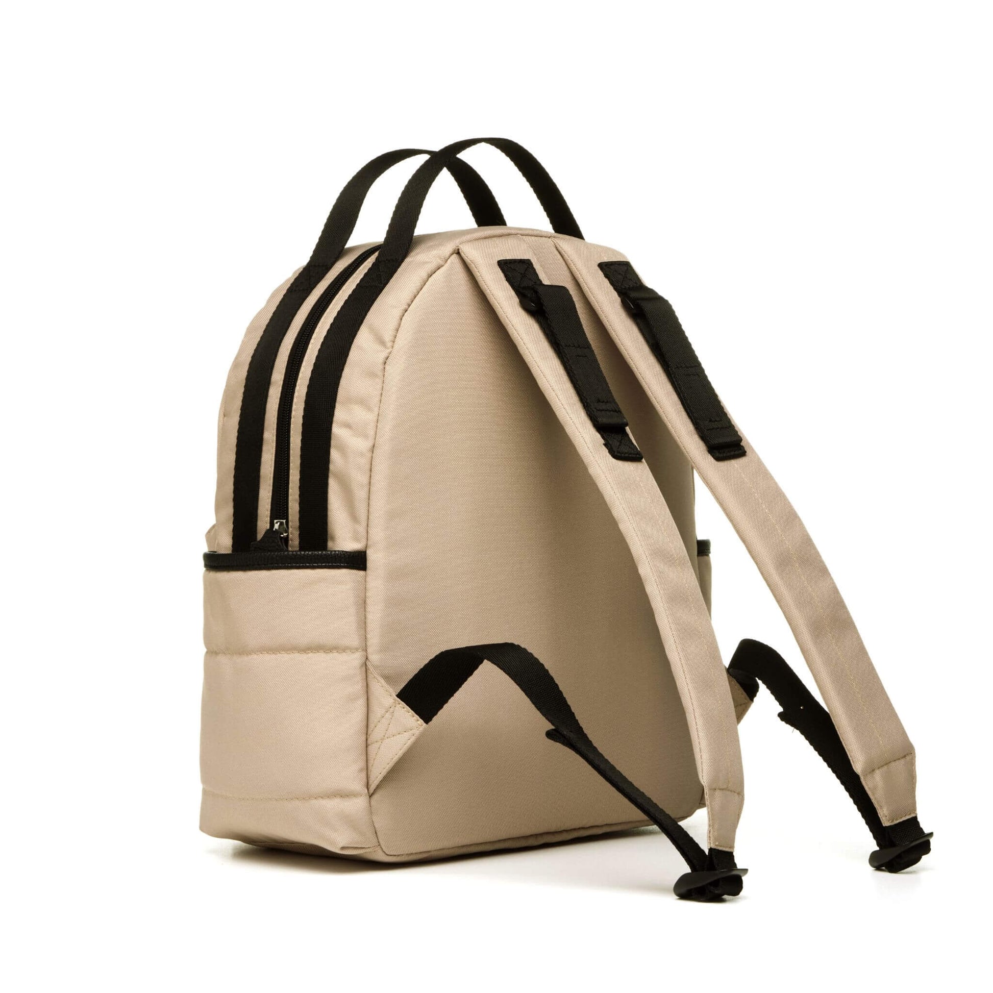 Back view of the Babymel Lola Eco Backpack in Fawn, showcasing its adjustable padded shoulder straps for comfort and versatility.