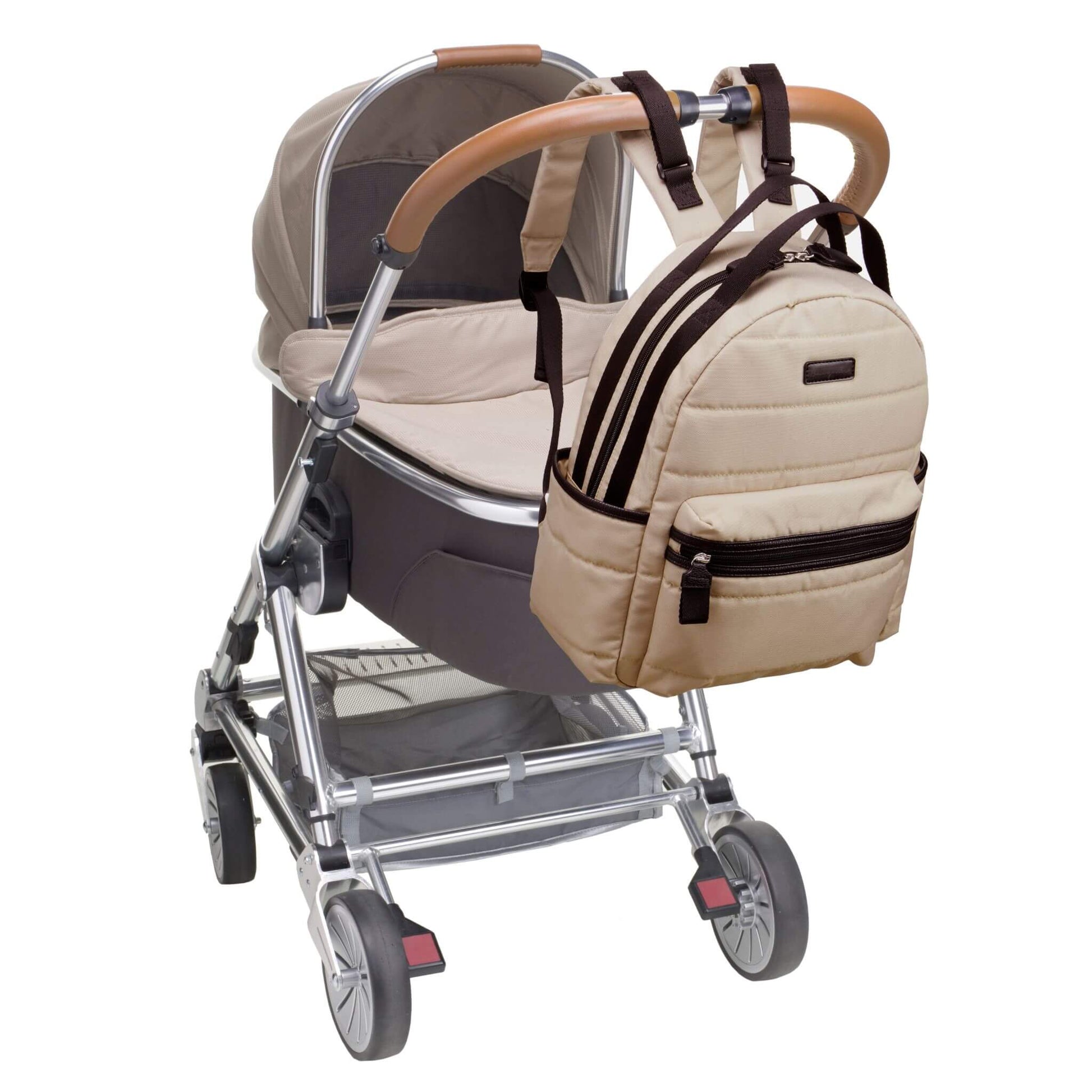 Babymel Lola Eco Backpack in Fawn attached to a stroller, highlighting its built-in stroller straps for hands-free convenience.