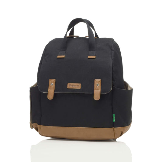 Black Babymel Robyn Eco Convertible Backpack with tan details, made from recycled materials, featuring a stylish and functional design.