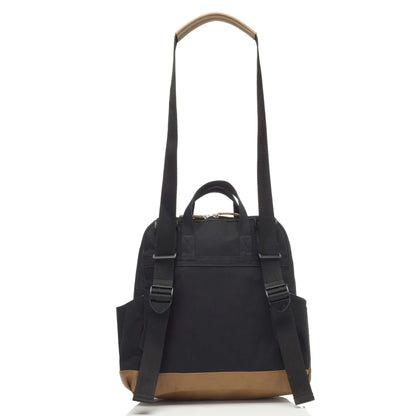 Black Babymel Robyn Eco Convertible Backpack with tan details, showing adjustable multiway strap for use as a backpack, shoulder bag, or crossbody.