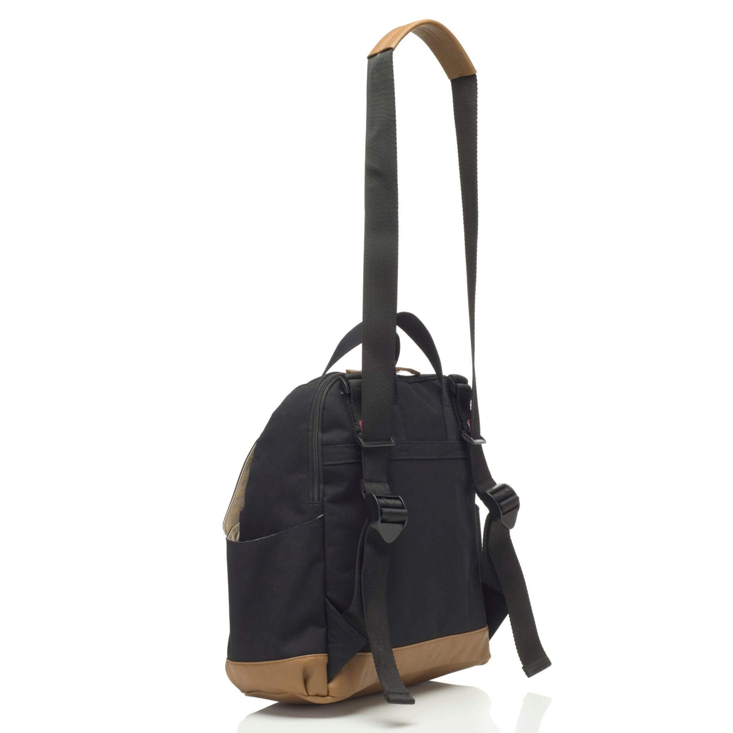 Black Babymel Robyn Eco Convertible Backpack with tan details, shown from a side angle with adjustable multiway strap for different carrying options.