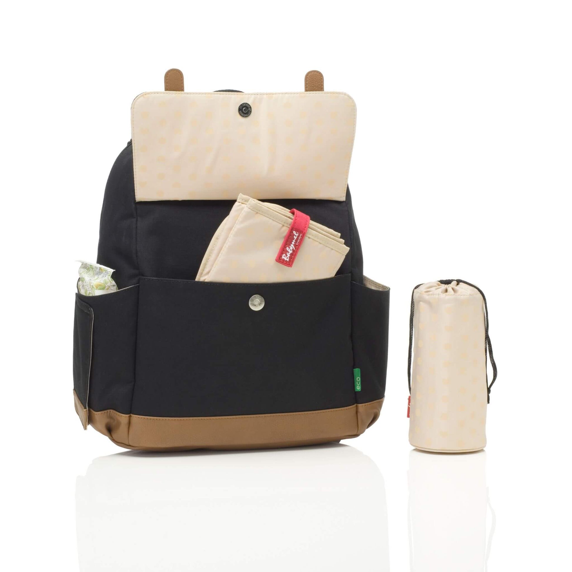 Black Babymel Robyn Eco Convertible Backpack with tan details, showing open front pocket, included foldable changing mat, and insulated bottle holder.