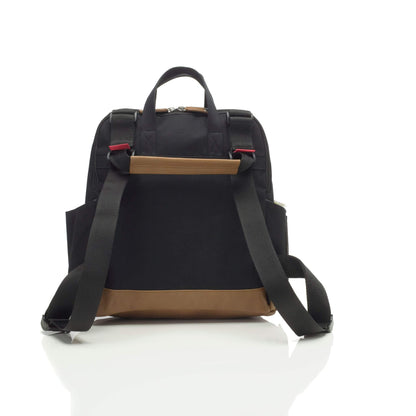 Black Babymel Robyn Eco Convertible Backpack with tan details, showing adjustable backpack straps and a luggage sleeve for easy travel.