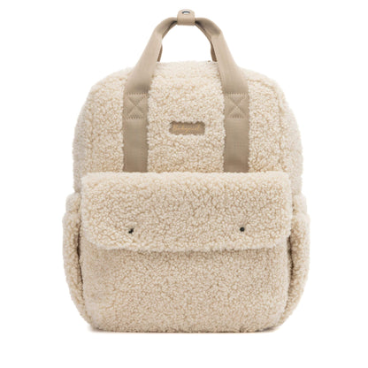 Cream Babymel Teddy Convertible Backpack made from soft borg fleece, featuring a stylish, cosy design with practical storage and multiway straps.