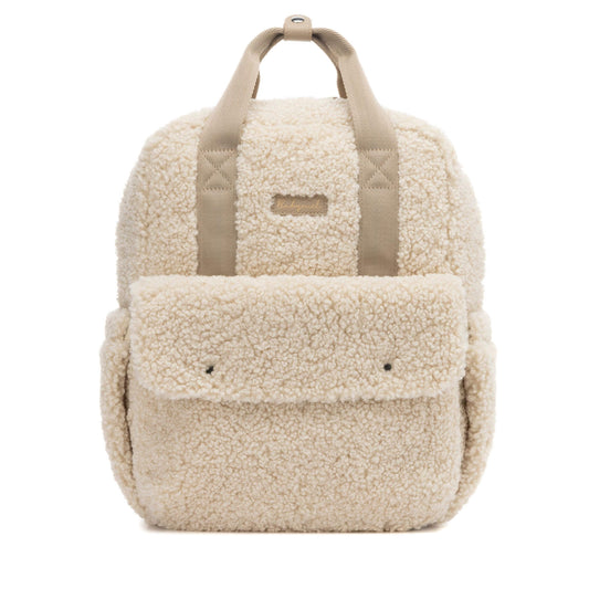 Cream Babymel Teddy Convertible Backpack made from soft borg fleece, featuring a stylish, cosy design with practical storage and multiway straps.