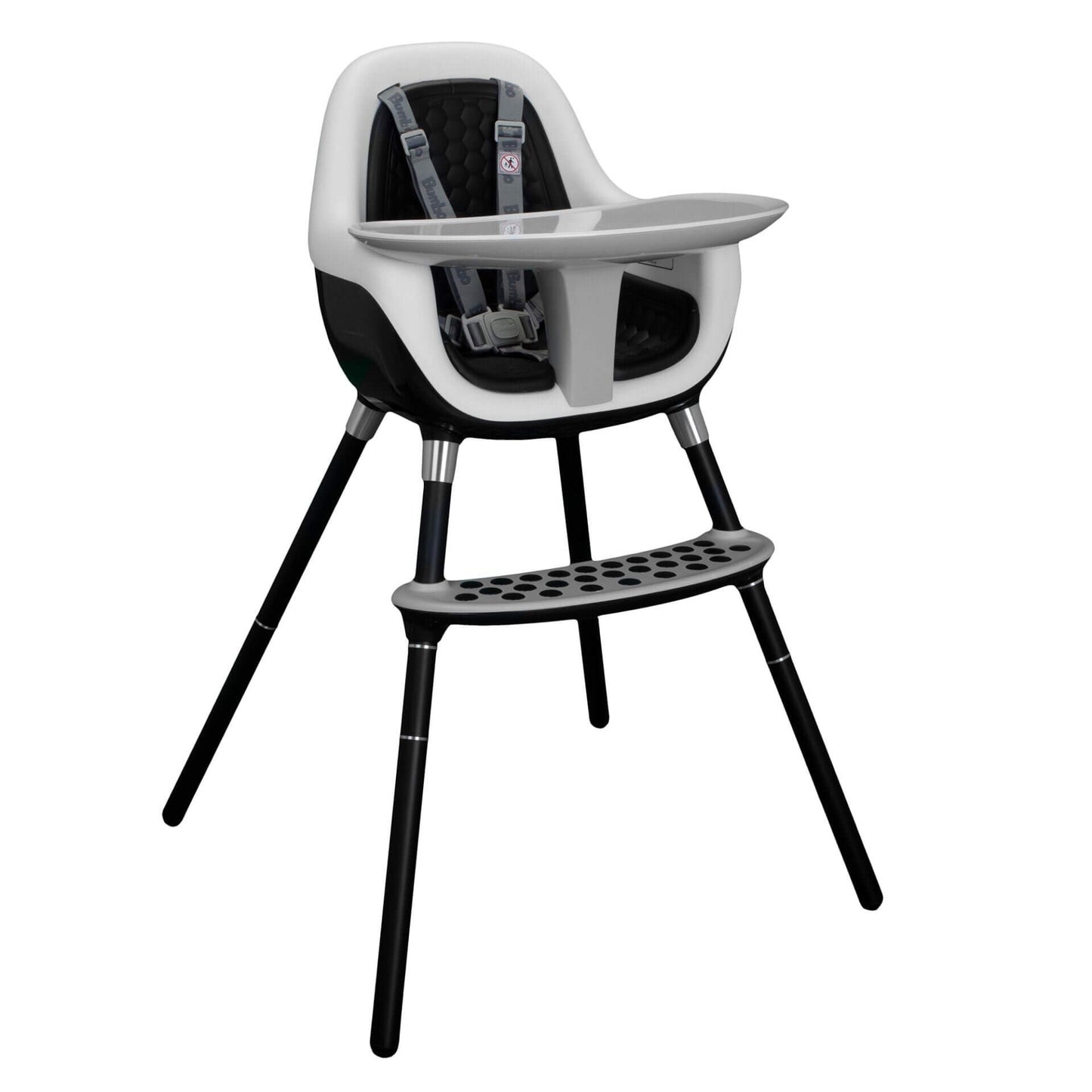 Bumbo highchair (Black) with a sleek design, secure harness, detachable tray, and sturdy black legs, ideal for comfortable and safe mealtime.