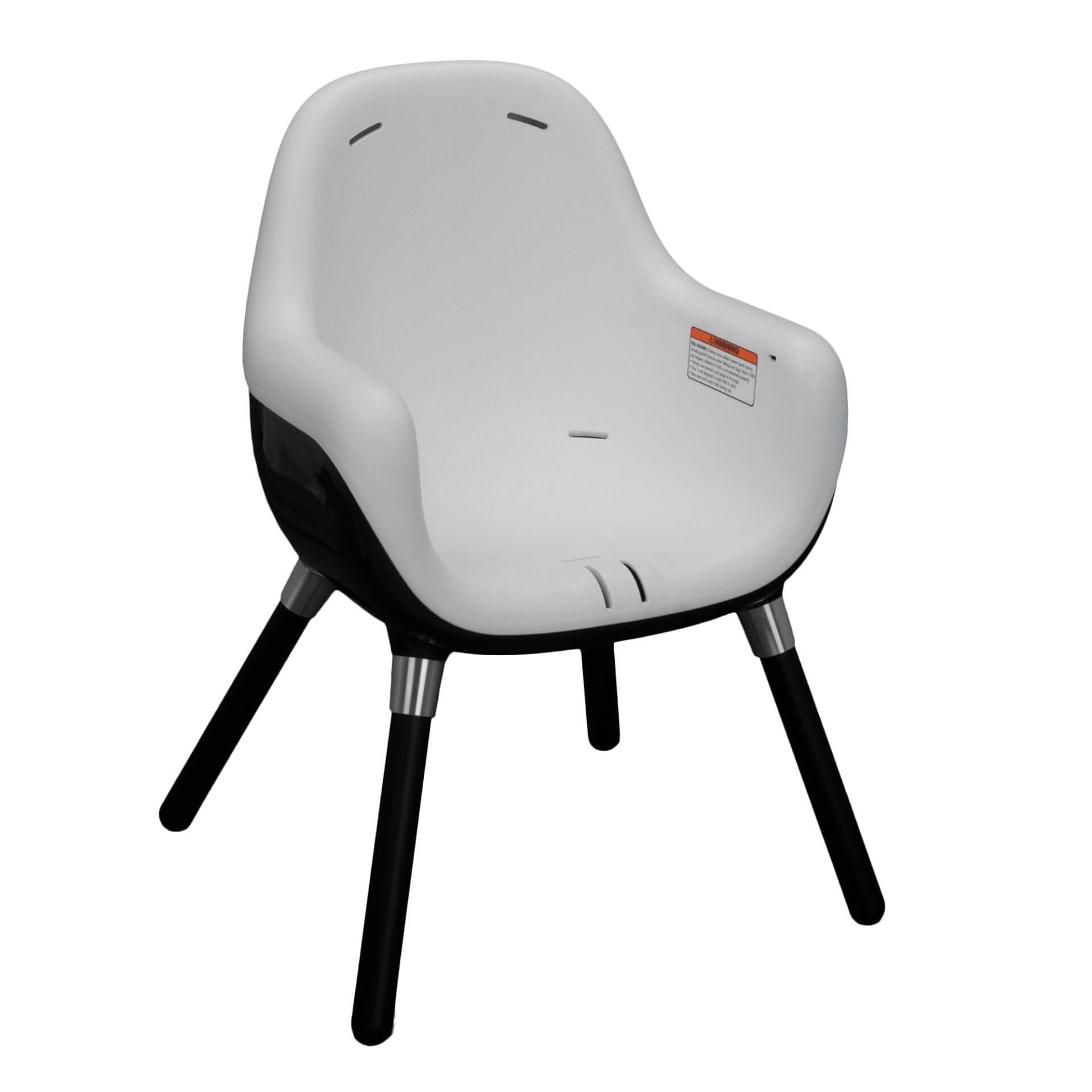 Bumbo highchair converted to a low chair with a sleek, contoured seat and sturdy black legs, ideal for toddlers.