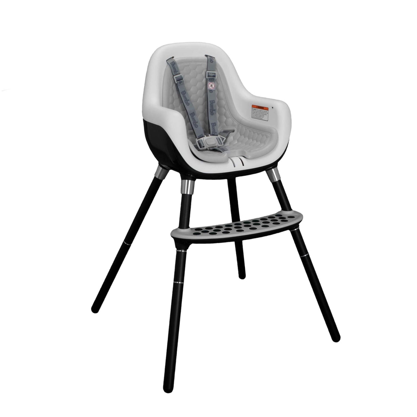 Bumbo highchair (Cool Grey) with a sleek design, secure harness, detachable tray, and sturdy black legs, ideal for comfortable and safe mealtime.