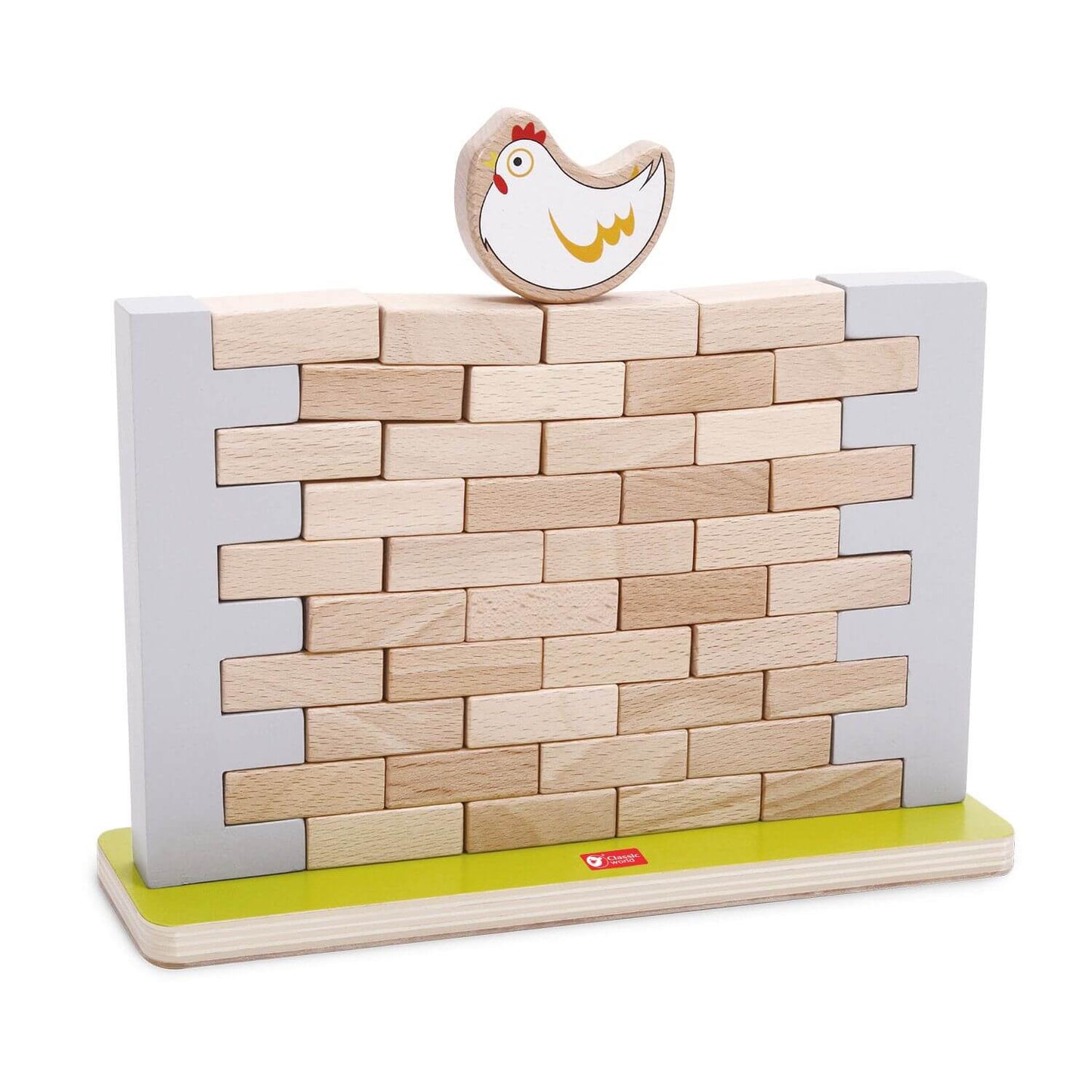 Classic World Pick a Brick Wall Game featuring wooden bricks and a chicken topper, designed for fun, strategy, and fine motor skill development.