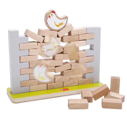 Classic World Pick a Brick Wall Game in action, showing wooden bricks collapsing with the chicken topper falling, highlighting fun gameplay.