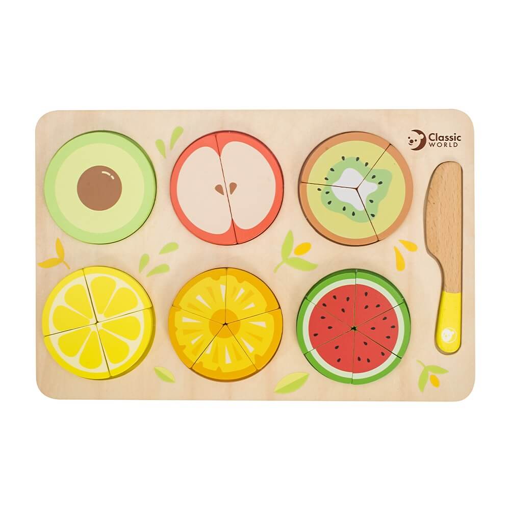 Fruit fractions include 6 colourful fruits like apple, kiwi, lemon and more. They are sliced in half, or in third and more. Children can learn the mathematical concept of fractions while playing.