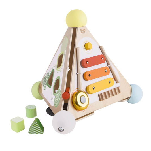 A pyramid activity box which will help to develop a variety of your child’s skills. The pyramid box has 4 different sides which include several functions to stimulate your little ones senses whilst having fun!