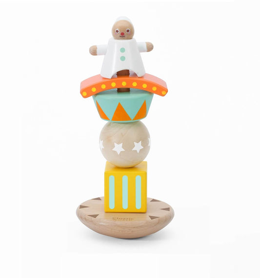 Classic World's Balancing Clown features six wooden pieces, including blocks, spheres, and a charming clown character. These pieces can be stacked, balanced, or used individually for various play activities.