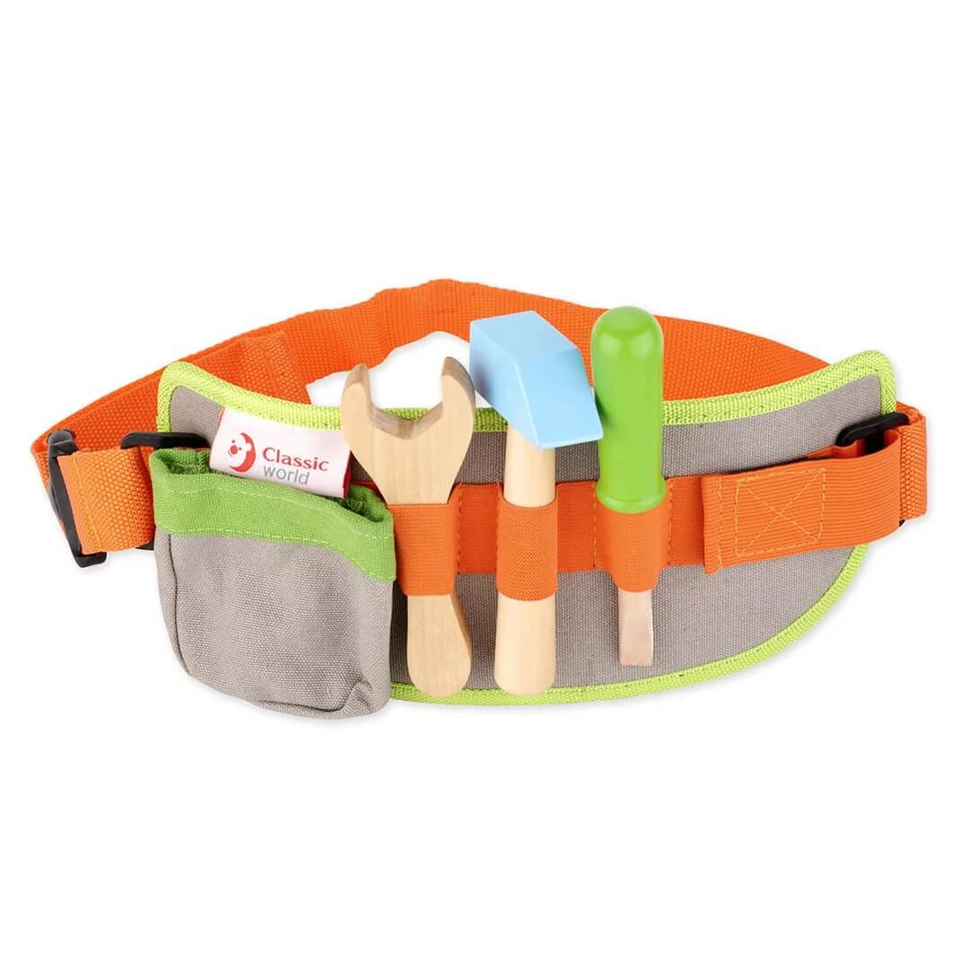 This Classic World Tool Belt contains a variety of tools including a hammer, wrench, screwdriver, nuts & bolts. The tools slide into the belt for easy and convenient transport.