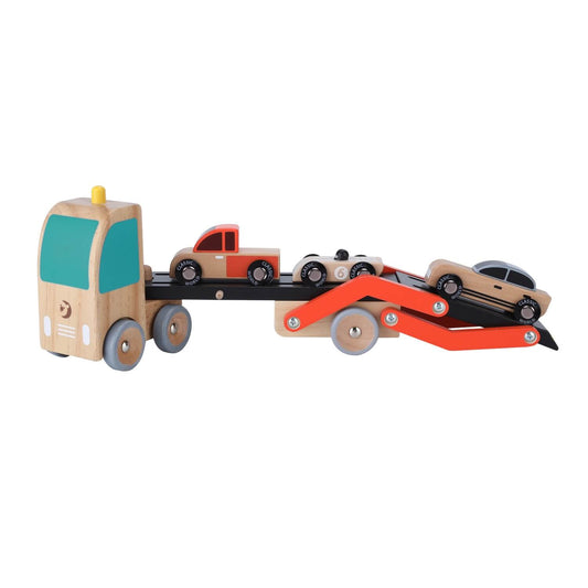 Classic World Vehicle Carrier with moveable ramp, featuring three wooden cars, designed for imaginative and skill-building play.