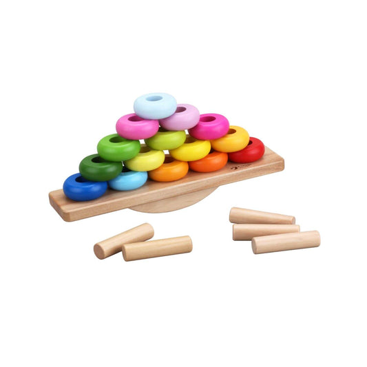 Classic World balancing game with colourful wooden discs and stacking rods, designed to develop problem-solving and coordination skills.