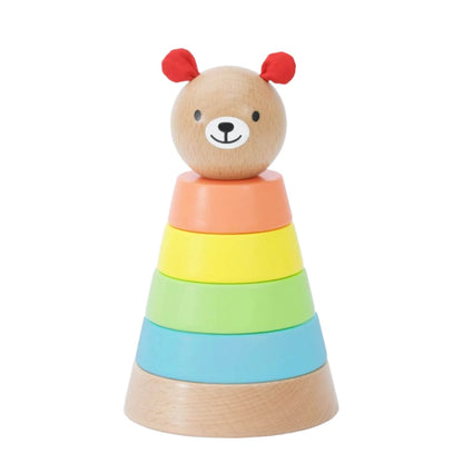 Classic World Bear Tower wooden stacking toy with colourful rings and a bear topper, promoting motor skills and coordination.