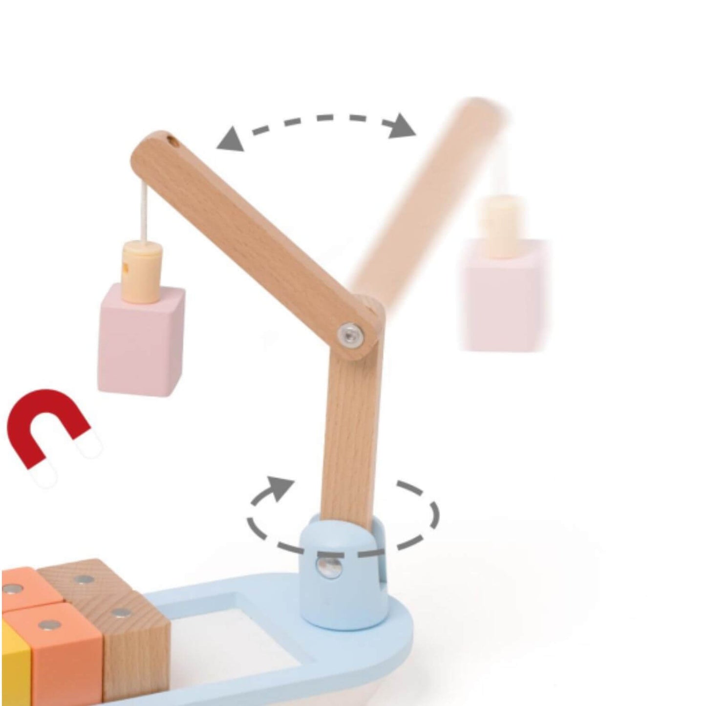 Classic World Block Boat showing a flexible rotating wooden derrick with a magnetic hook, perfect for imaginative loading play.