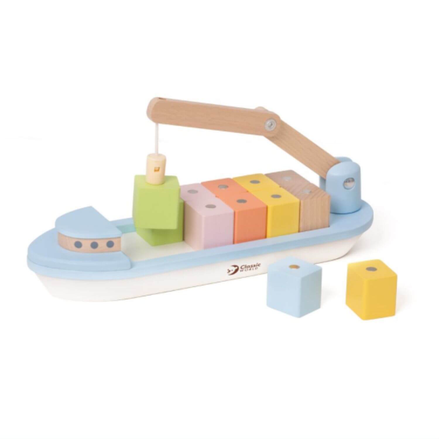 Classic World Block Boat toy with colourful stackable cargo, a flexible derrick, and durable wooden design for creative play.