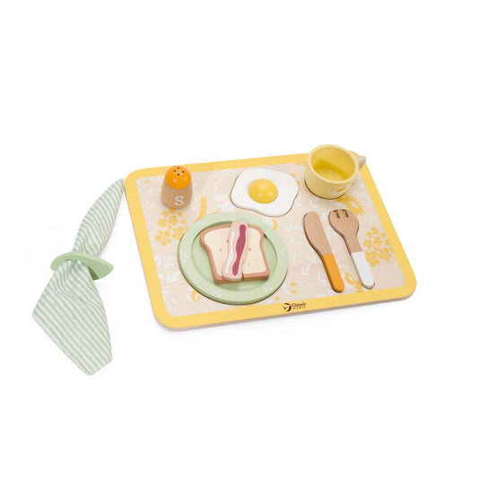 Wooden breakfast tray set with toast, bacon, poached egg, knife, fork, cup, and napkin, perfect for pretend play and skill-building.