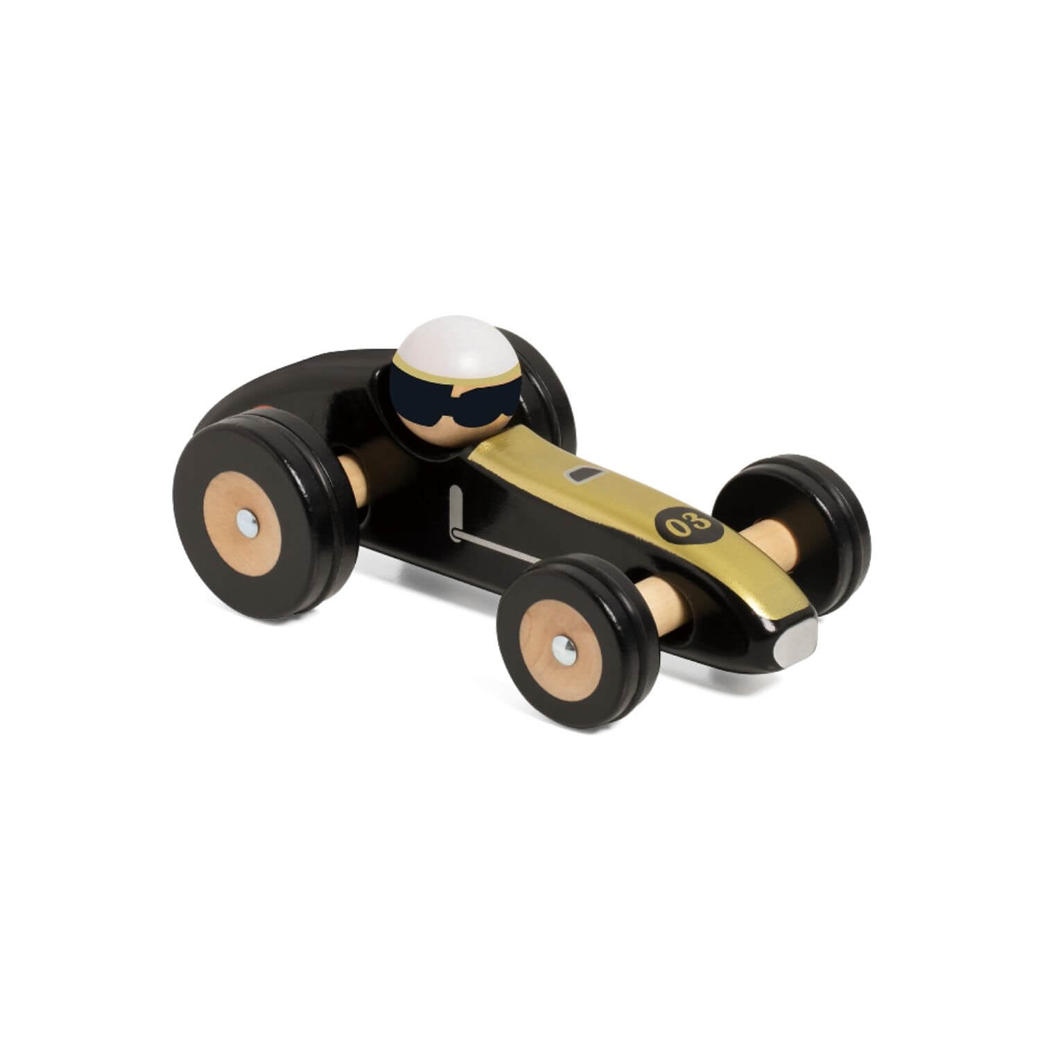 Wooden toy race car in sleek black and gold design with a retro driver figure, perfect for kids' play and display.