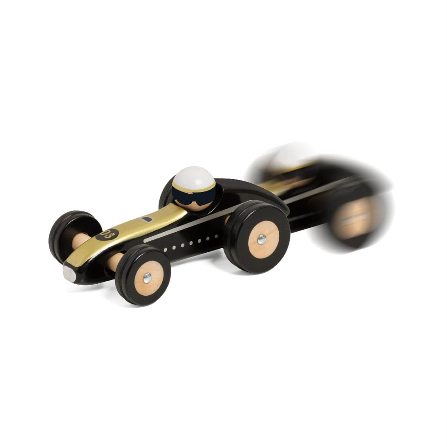 Classic World wooden racing toy car  (Indianapolis) in black and gold, featuring a driver figure in motion blur effect.