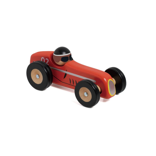 Classic World Monaco car in red with a sleek design, inspired by iconic racing cars, made from FSC-certified wood.