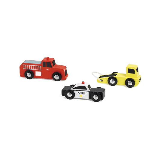 Classic World Service Car Set featuring a red fire truck, black and white police car, and yellow tow truck, perfect for imaginative play.