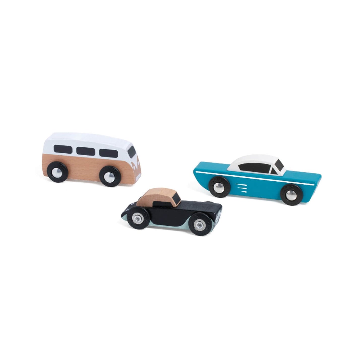 Classic World Touring Car Set featuring a retro camper van, black convertible, and teal vintage car, perfect for imaginative play and adventures.