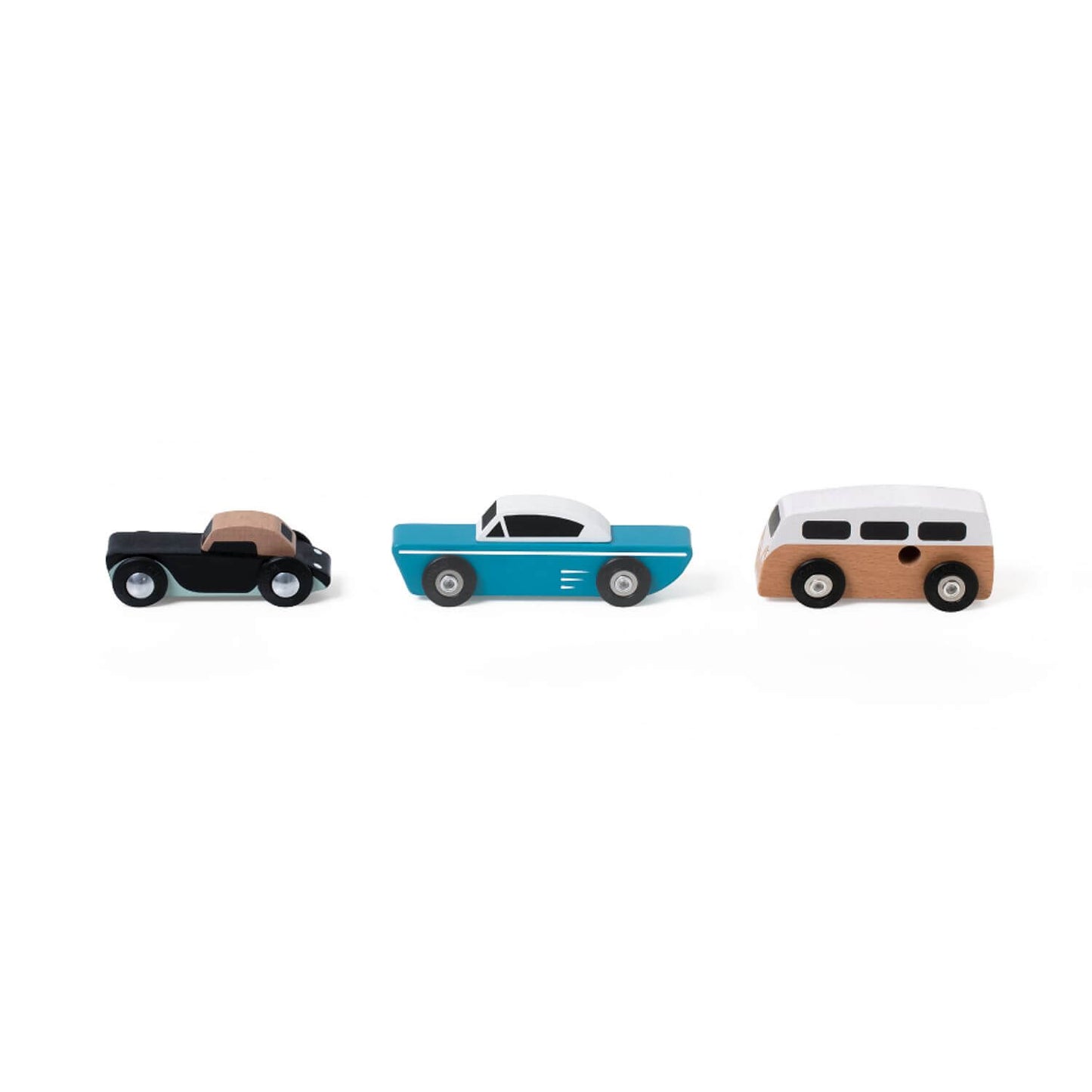 Classic World Touring Car Set with a black convertible, teal vintage car, and white retro camper van displayed side by side for imaginative play.