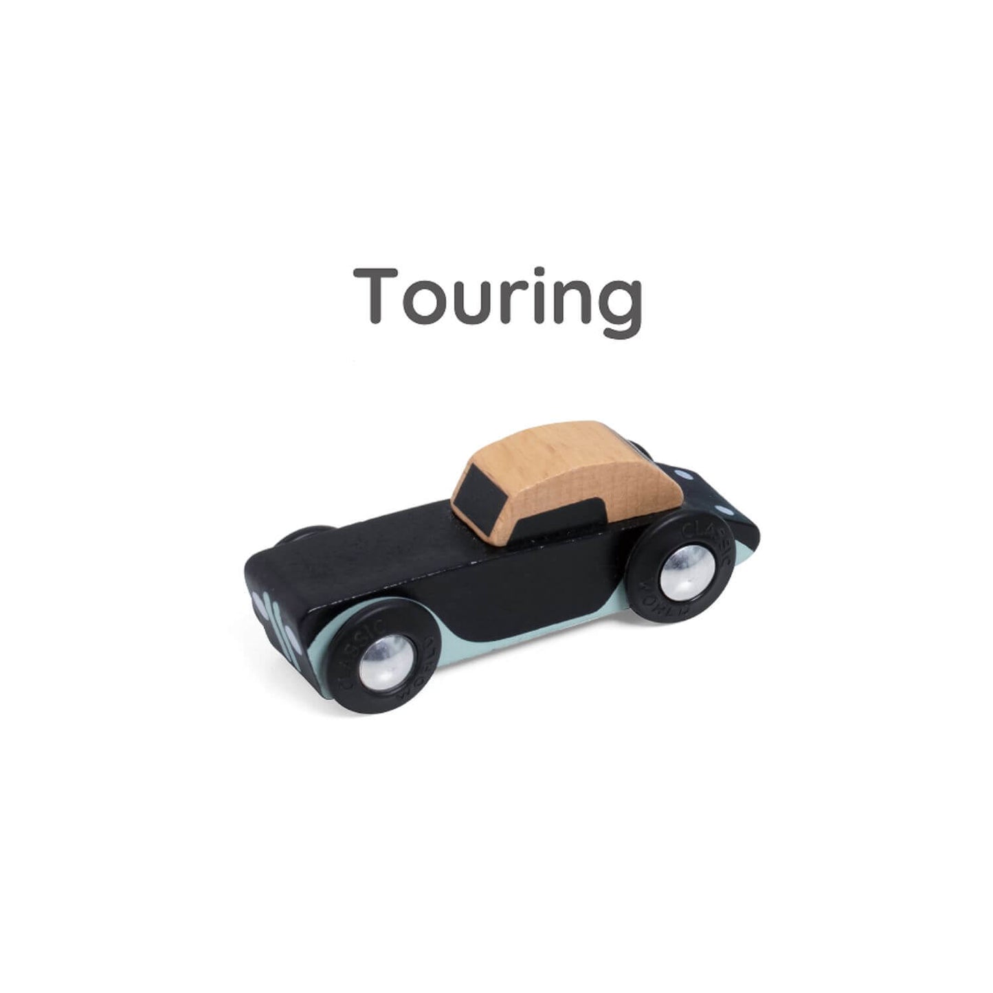 Classic World Touring Car,  a stylish black wooden car with a natural wood roof, perfect for imaginative play and adventures.