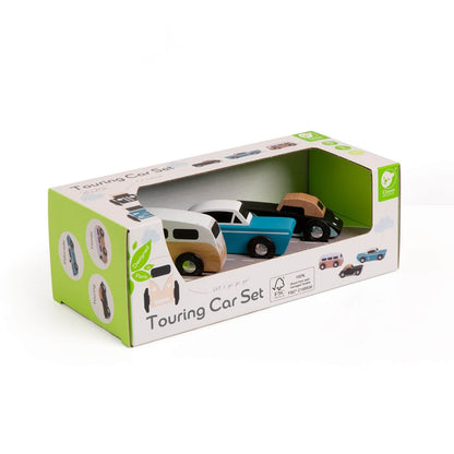 Classic World Touring Car Set in packaging, featuring a retro camper van, teal vintage car, and black convertible, perfect for imaginative play.