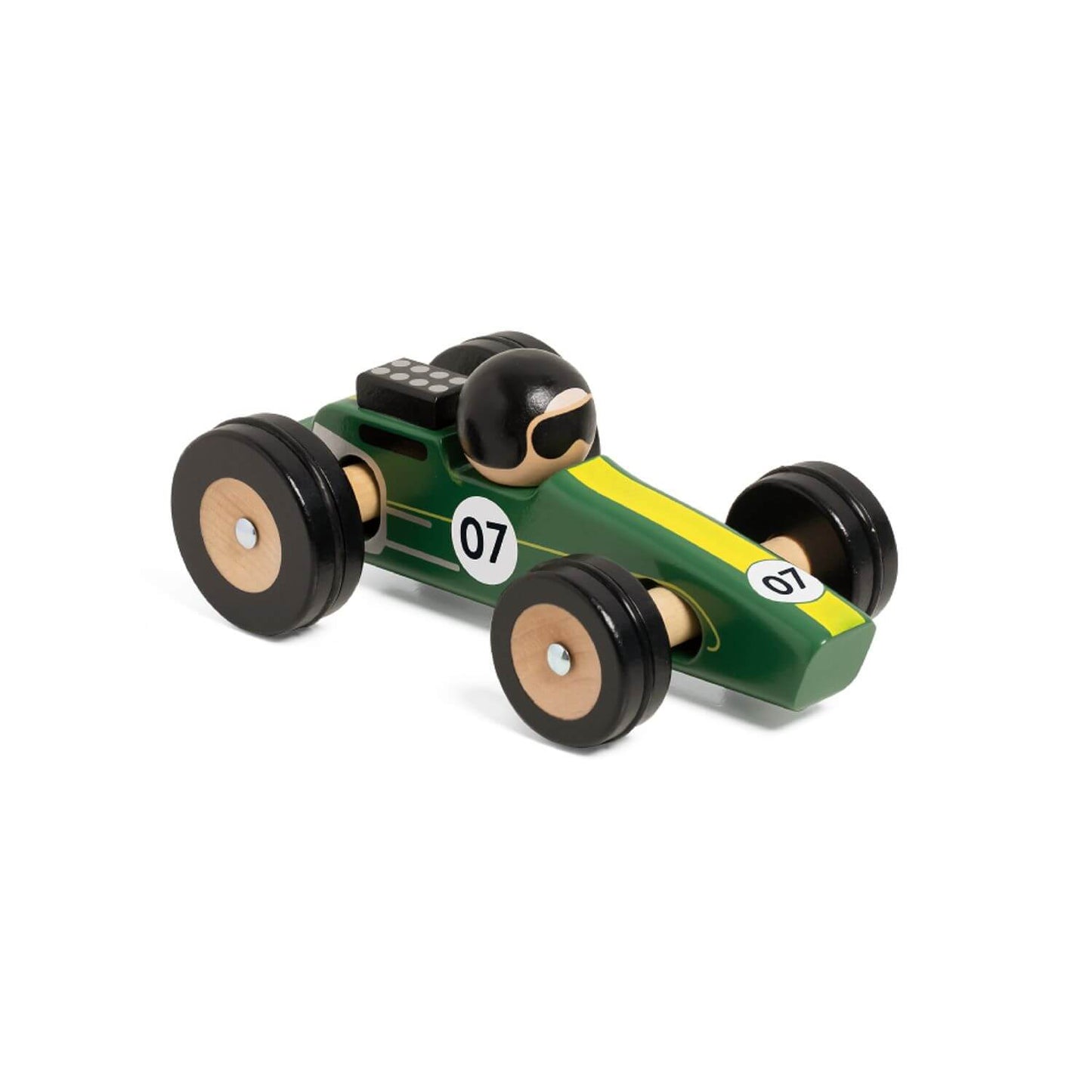 Classic World Silverstone Car in green and yellow, featuring a sleek wooden design and retro driver, perfect for imaginative play and display.